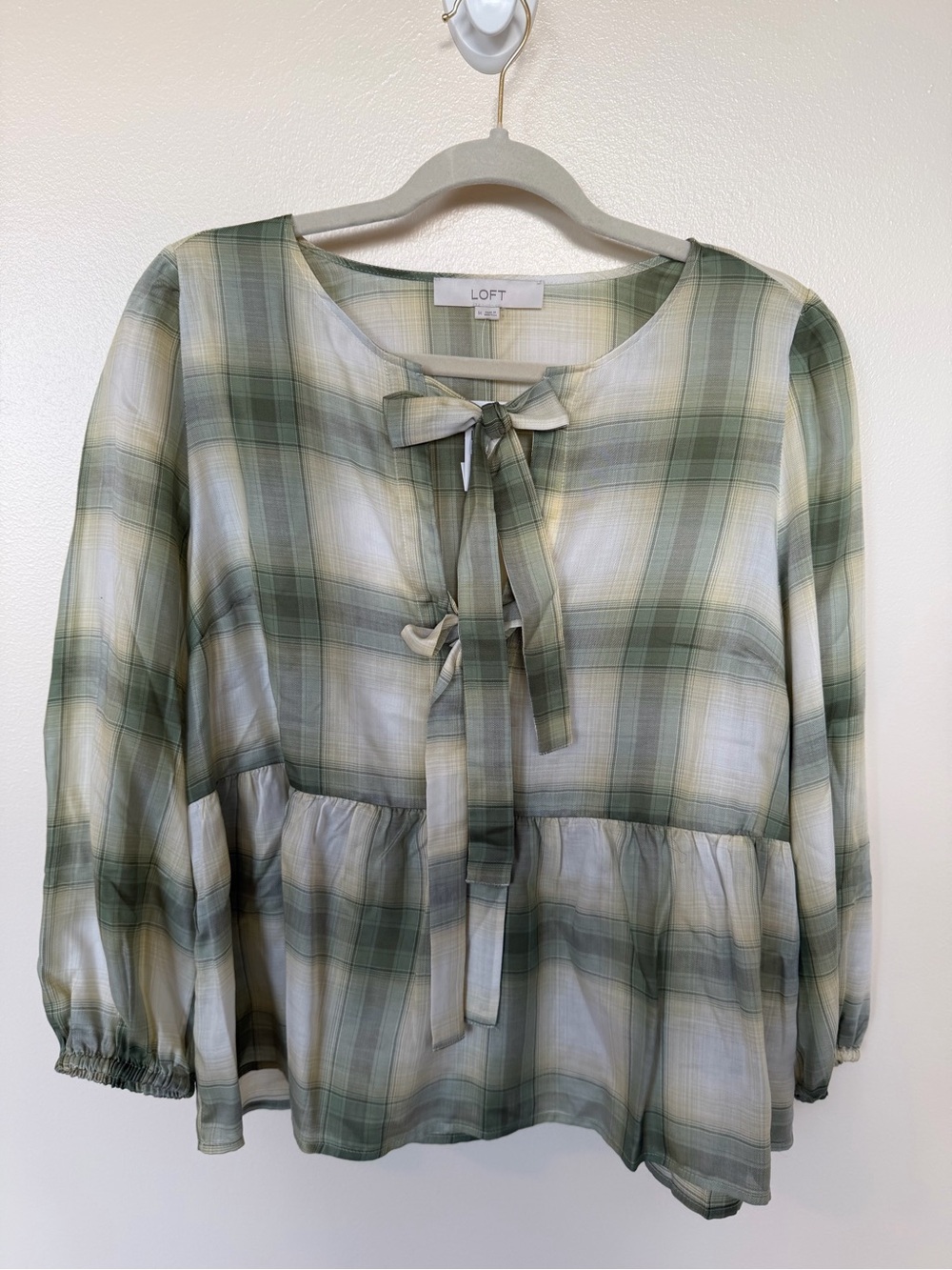 LOFT Olive & Cream Plaid Peplum Bow Front Blouse